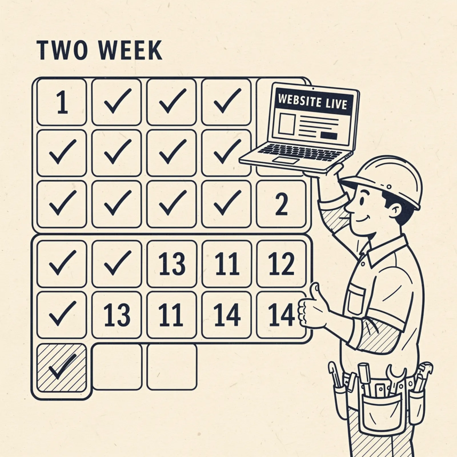 Project timeline calendar showing 14-day website launch process